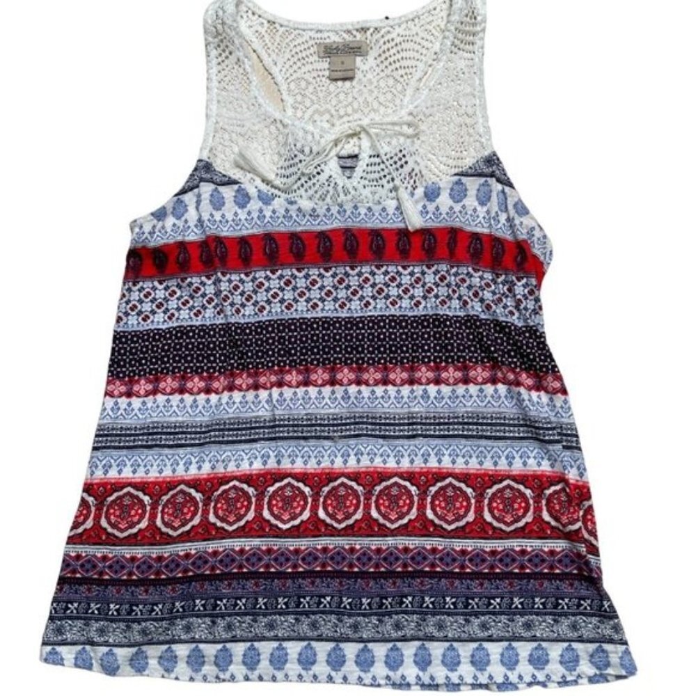 Lucky Brand Sleeveless Blouse Womens Small Boho Stripes Lace Festival Casual